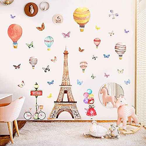 Romantikus Párizsi Eiffel-Torony Fal Matricák Virág Kerékpár Pillangók Hőlégballon Meghámozzuk, majd Bottal Cserélhető Fali